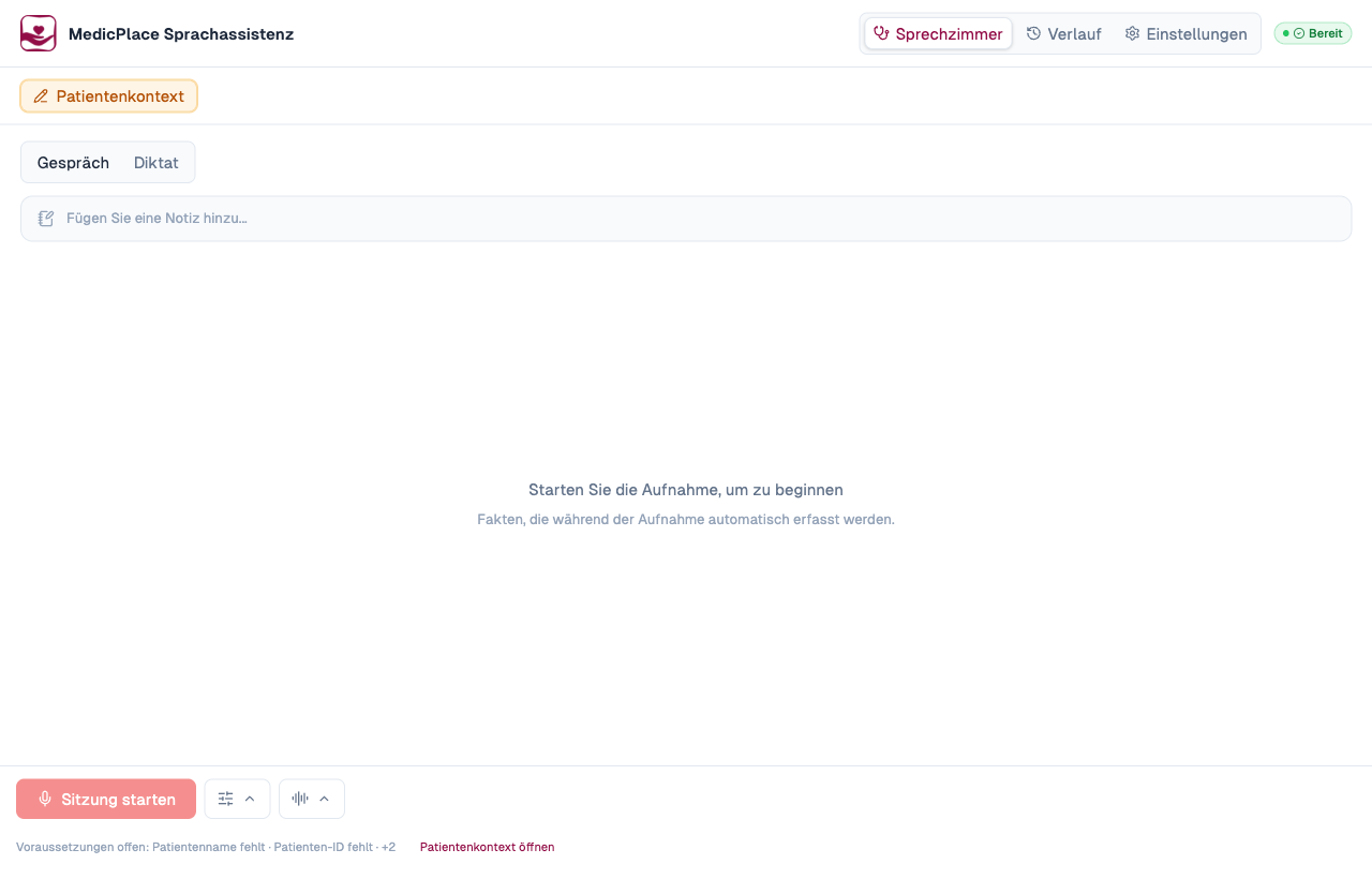 JourFx SprachDoku im Bereitschaftszustand: Sprechzimmer-Ansicht mit Patientenkontext und Aufnahmeleiste.